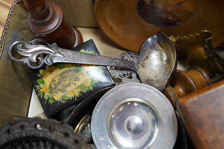 A Danish silver ladle, a pin dish, a buckle, a white metal dish, mixed assorted boxes, trays, a Limoges enamel dish, plaques, etc, silver ladle 17cm high. Condition - poor, fair, good